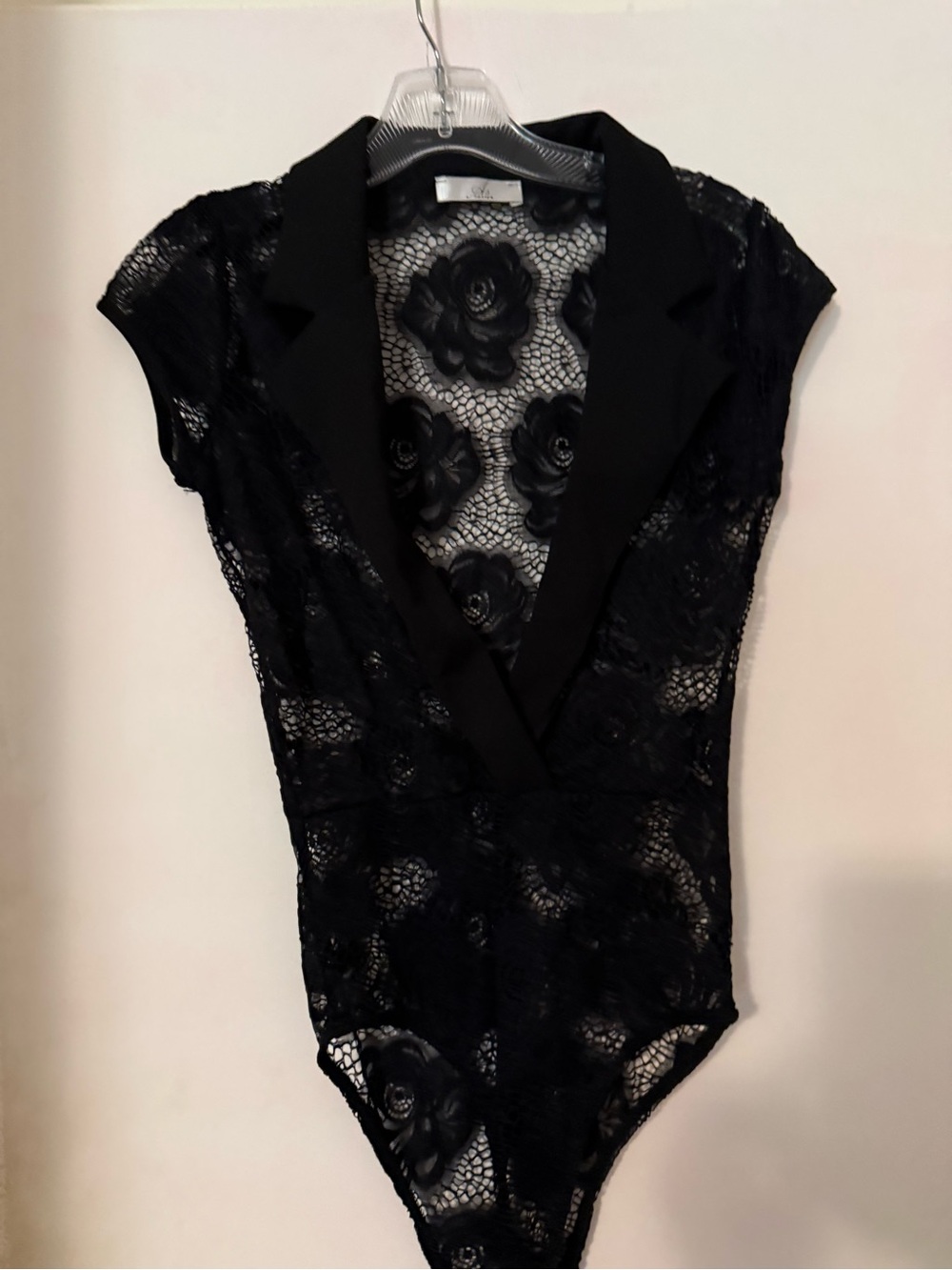 A3 Design Black Lace Floral Notch-Collar Bodysuit
